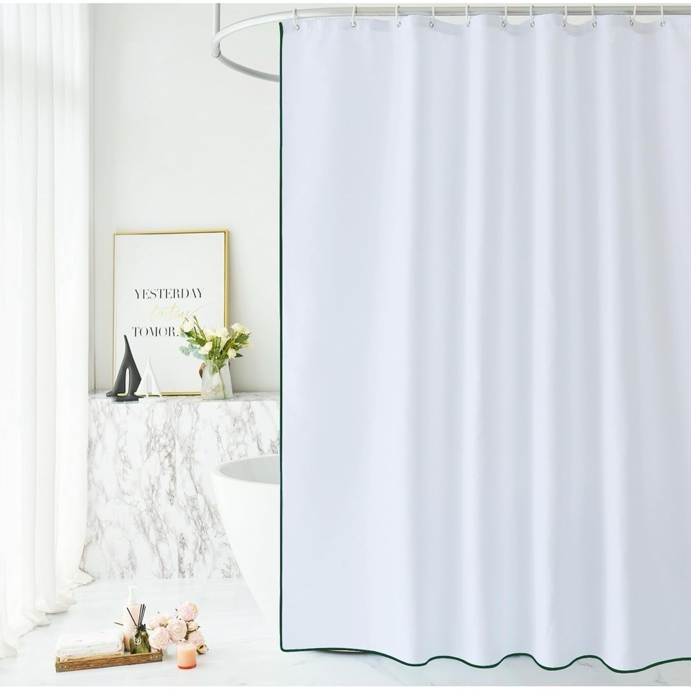 Modern Faux Linen Fabric Cloth White Shower Curtain 72x72" W Green Border Hem